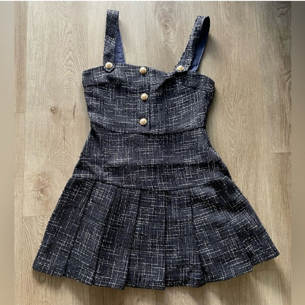 Francescas jaime navy blue tweed square neck pleated mini party dress Large NEW - Picture 3 of 5